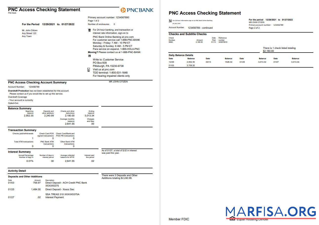 Downloadable USA PNC bank statement word 2 pages download for verification